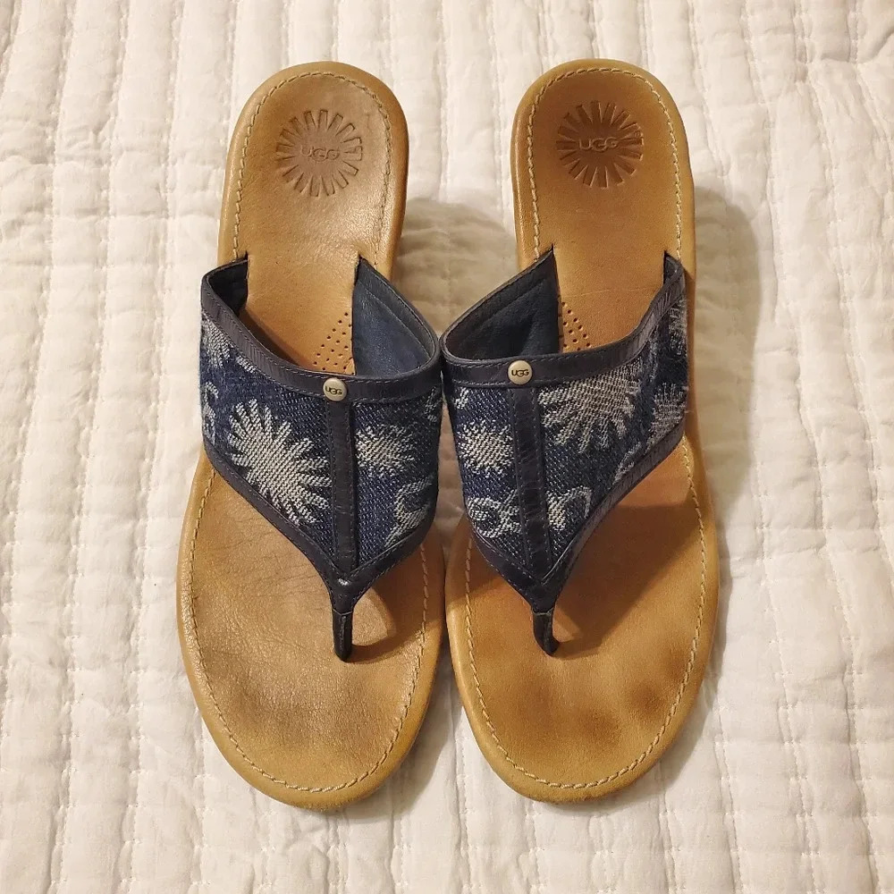 UGG Denim Logo Women's Wedge Cork Raffia Sandals Heels Size 8.5 Spring Summer